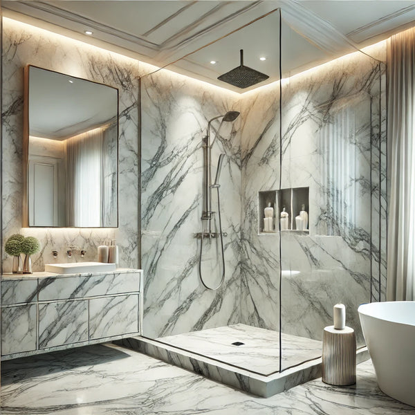 Transform Your Bathroom and Shower with Marble, Travertine, and Mosaic Accents: Complete the Look with Molding, Shelves, and Switch Plate Covers