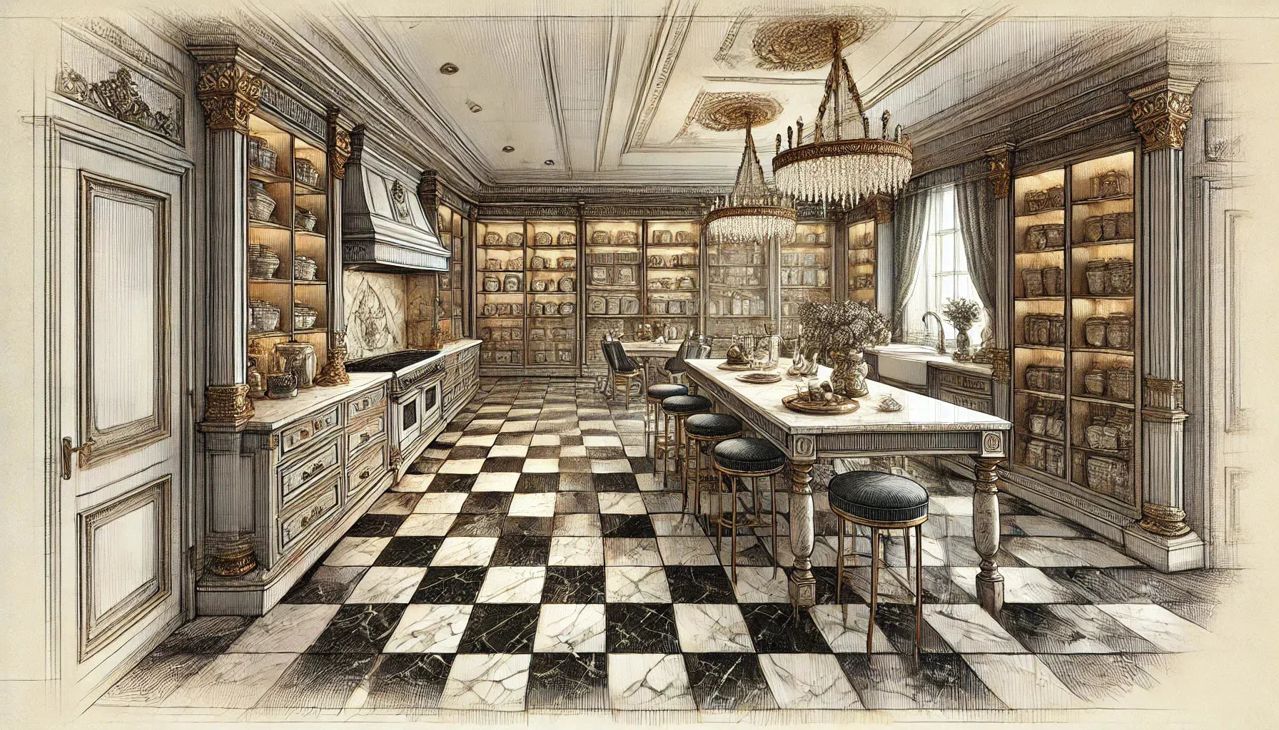 Elegant kitchen interior featuring a stylish checkerboard design.