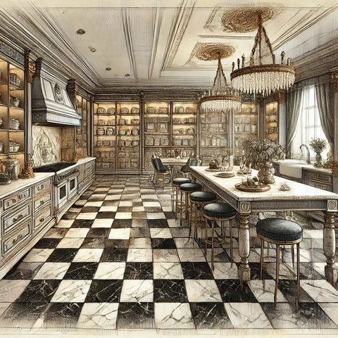 Elegant kitchen interior featuring a stylish checkerboard design.