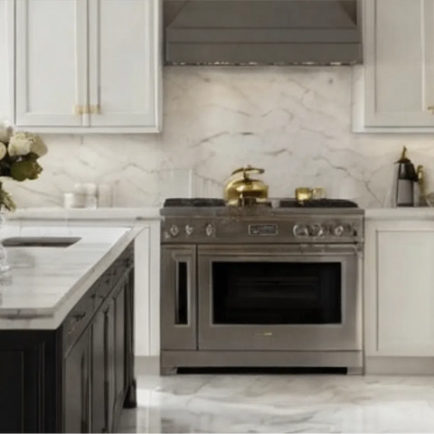 Elegant kitchen featuring stainless steel appliances in the Corner Shelf collection.