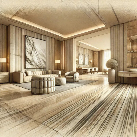 Luxurious living room interior featuring Exotic Vein-Cut Travertine design.