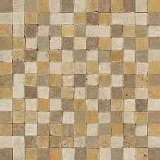 Checkerboard mosaic tile pattern in Mixed Ivory-Noce-Gold Travertine collection.