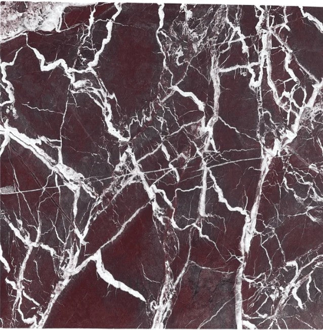 Marble surface with rich burgundy color and intricate white veining patterns.