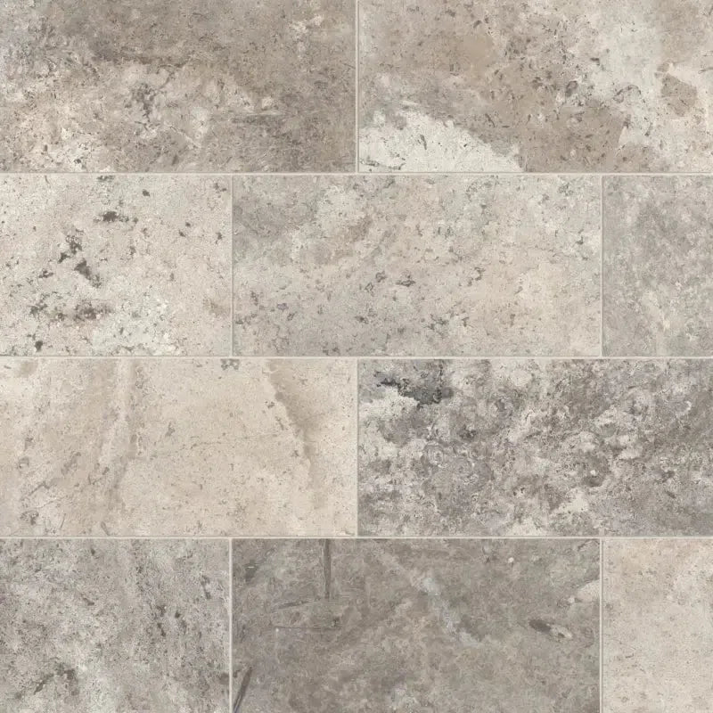 Rectangular gray stone tiles from the Silver Travertine collection.