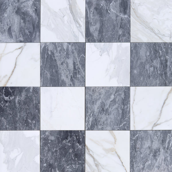 Checkerboard Bardiglio and Calacatta Gold Marble 12X12 Set - marble,floor marble,marble floor tile,marble mosaic,marble