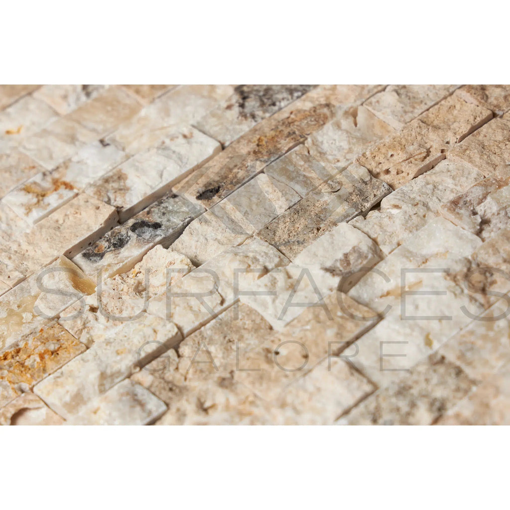 Antico Onyx Travertine 1X2 Brick Mosaic Split - Faced - SurfacesGalore