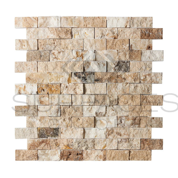 Antico Onyx Travertine 1X2 Brick Mosaic Split - Faced - SurfacesGalore