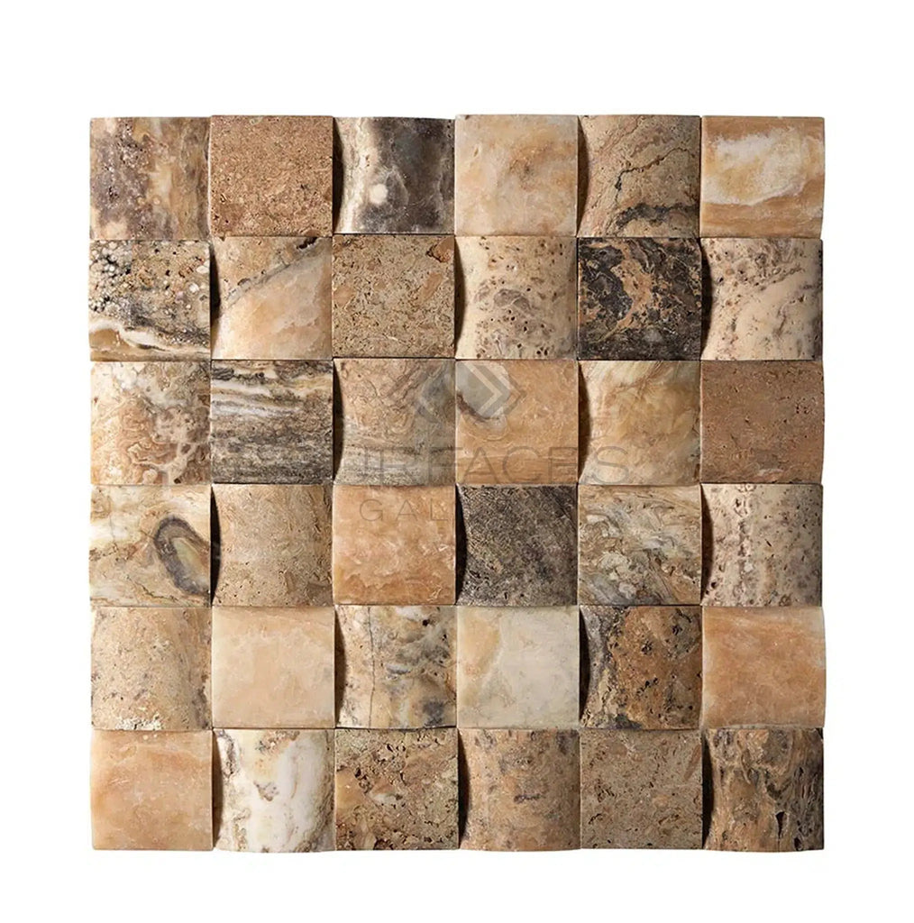 Antico Onyx Travertine 2X2 Round-Faced (CNC-Arched / Wavy) Mosaic Travertine