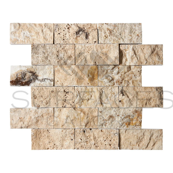 Antico Onyx Travertine 2X4 Brick Mosaic Split - Faced - SurfacesGalore