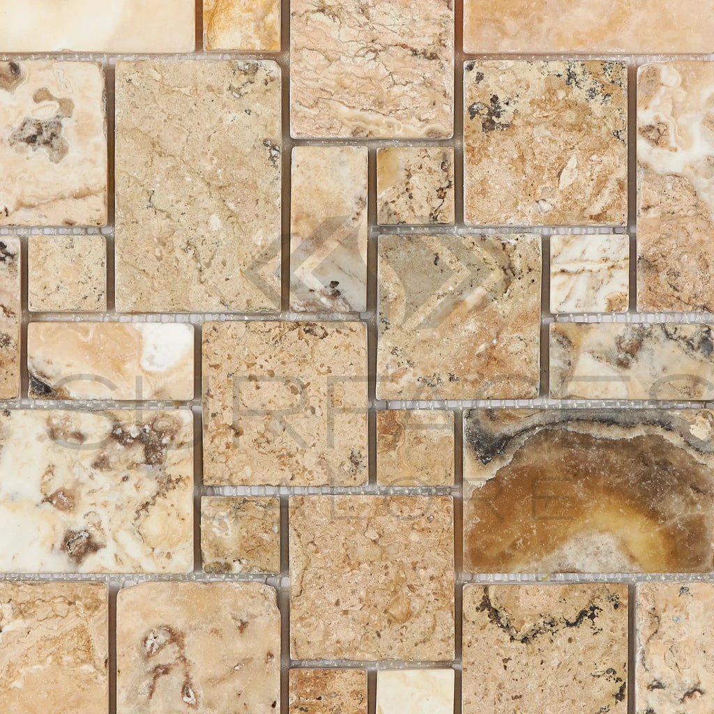 Antico Onyx Travertine Antico Onyx Travertine Micro - Pattern (Mini - Versailles) Mosaic Travertine Tumbled - SurfacesGalore