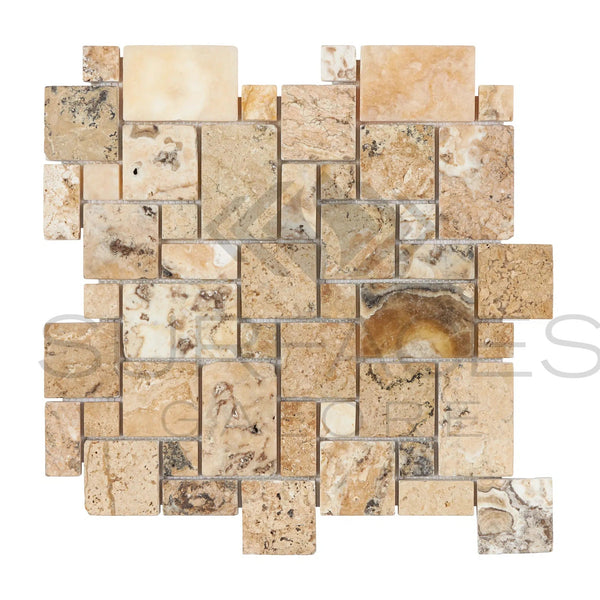 Antico Onyx Travertine Antico Onyx Travertine Micro - Pattern (Mini - Versailles) Mosaic Travertine Tumbled - SurfacesGalore