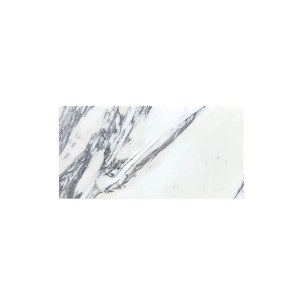 Introducing the Arabescato (Italian) 12X24 Marble Tile Polished-Honed by SurfacesGalore, showcasing a stunning gray veining pattern set against a pristine white background, ideal for luxury interiors.