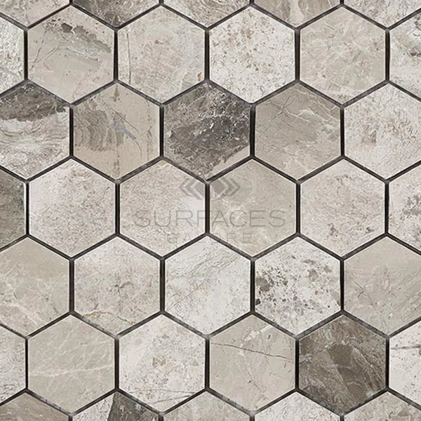 Atlantic Gray Marble 2X2 Hexagon Mosaic Polished - Honed - SurfacesGalorePolished