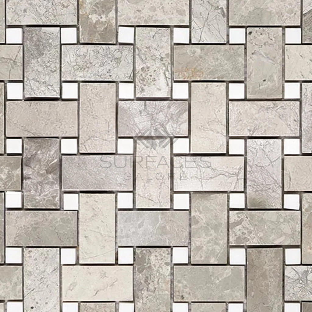 Atlantic Gray Marble Basketweave w/ White Dots Mosaic Polished - Honed - SurfacesGalorePolished