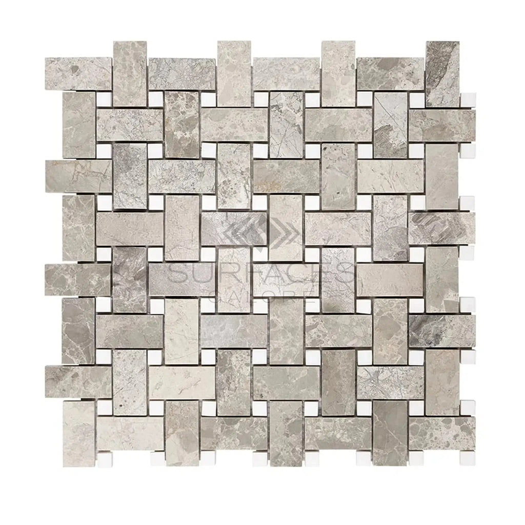 Atlantic Gray Marble Basketweave w/ White Dots Mosaic Polished-Honed