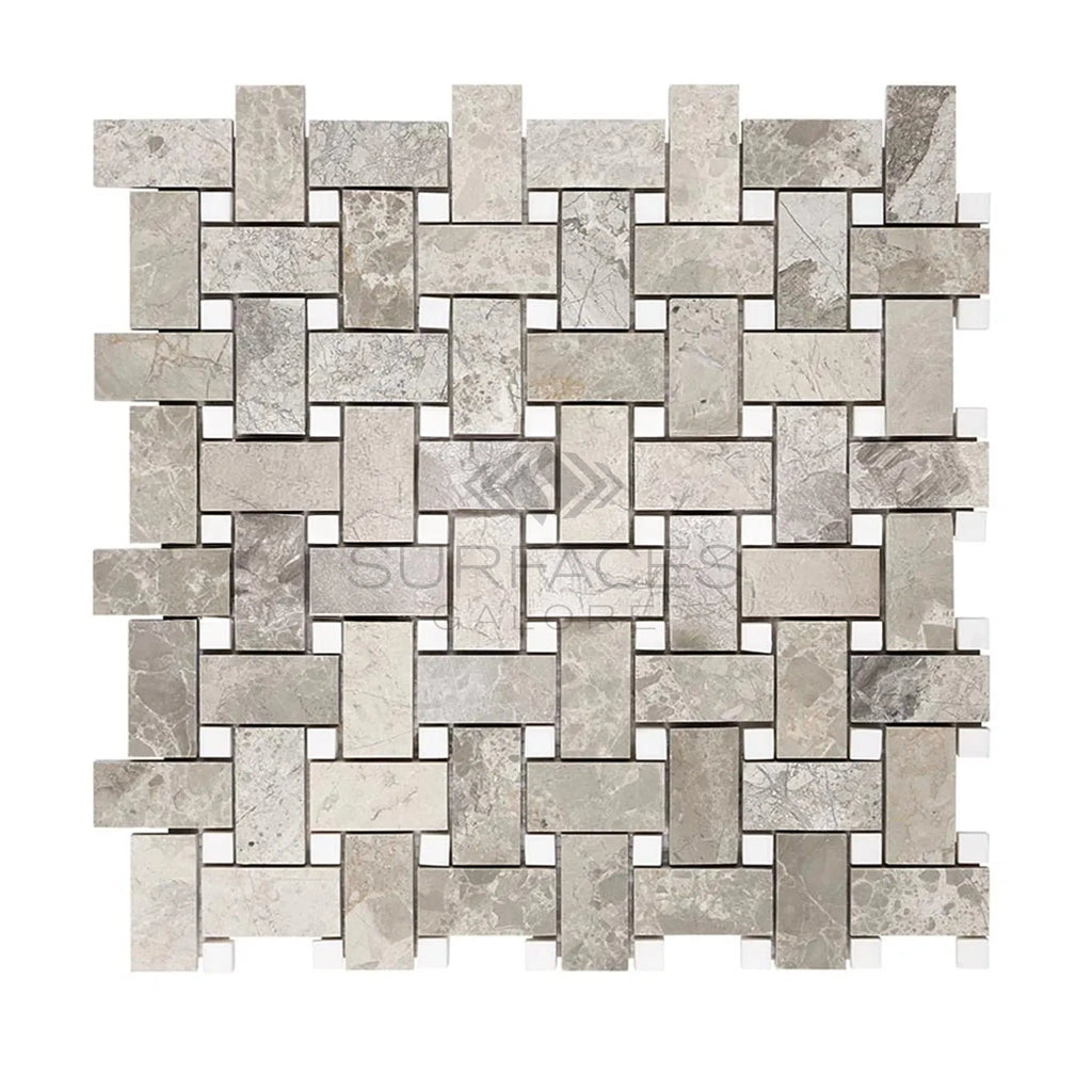 Atlantic Gray Marble Basketweave w/ White Dots Mosaic Polished - Honed - SurfacesGalorePolished