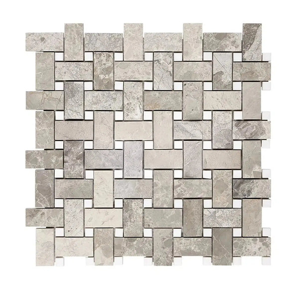 Atlantic Gray Marble Basketweave w/ White Dots Mosaic Polished-Honed