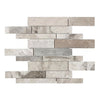 The Atlantic Gray Marble Manhattan (Random-Strip) Mosaic Polished-Honed by SurfacesGalore presents a sophisticated blend of elegant gray tones and subtle beige shades with its staggered horizontal stone tile arrangement.