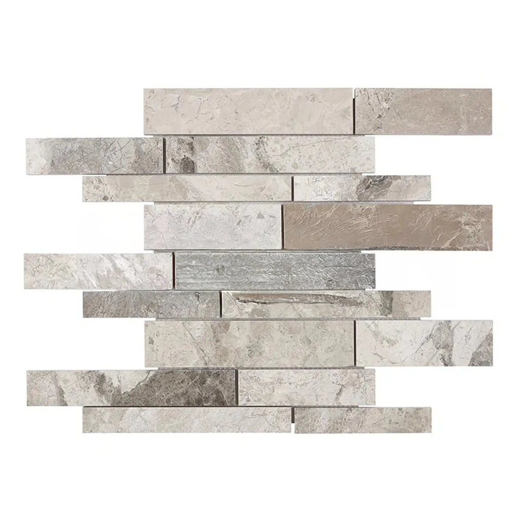 The Atlantic Gray Marble Manhattan (Random-Strip) Mosaic Polished-Honed by SurfacesGalore presents a sophisticated blend of elegant gray tones and subtle beige shades with its staggered horizontal stone tile arrangement.