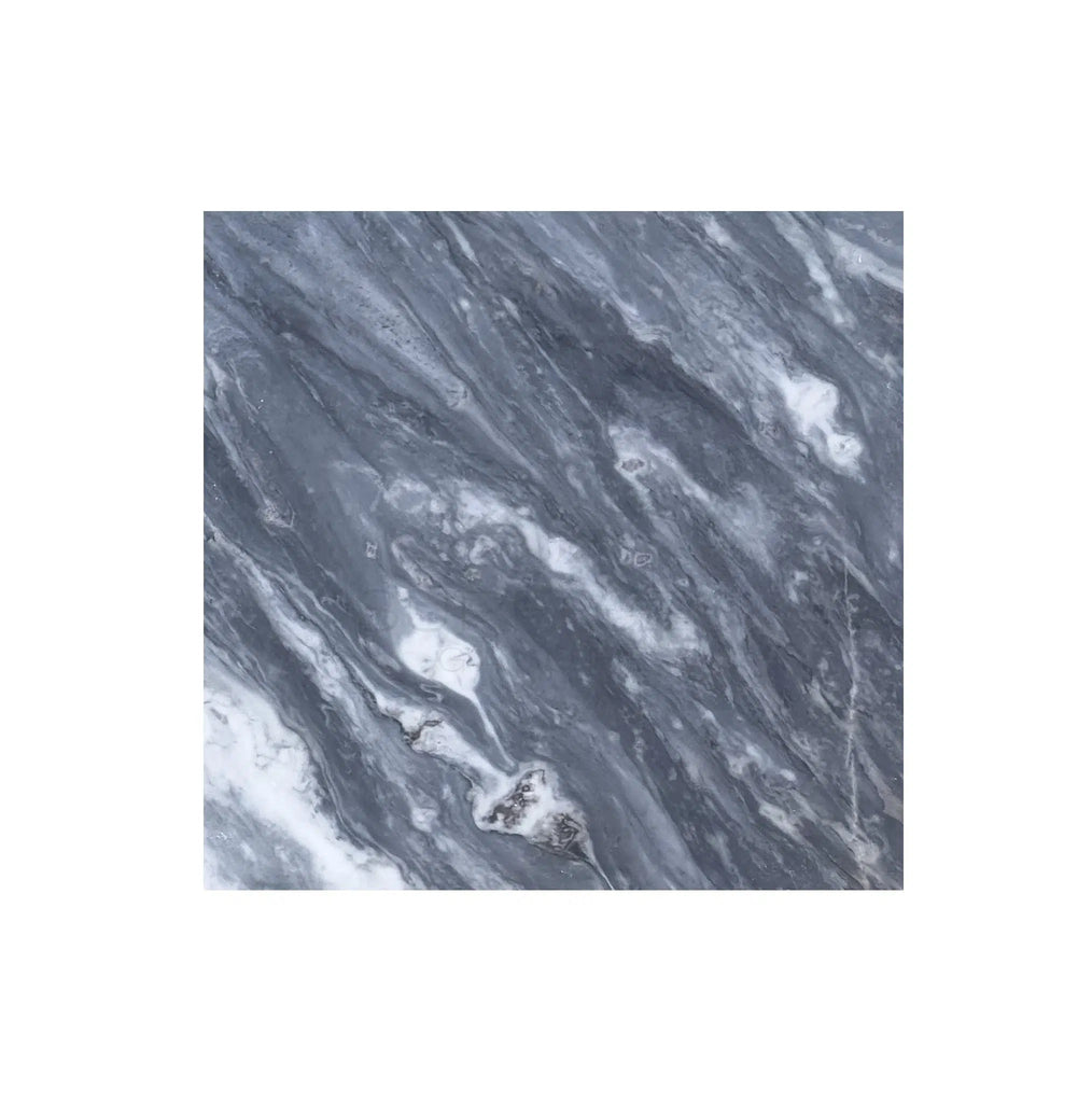 Square slab of Bardiglio Nuvolato (Italian) marble by SurfacesGalore, 12X12, polished-honed with white veining and swirls on a white background, showcasing luxurious gray elegance.