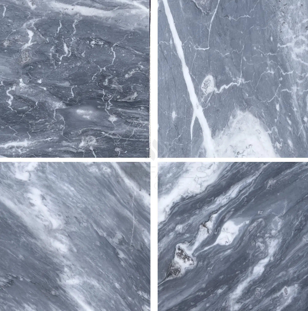 A collage of four Bardiglio Nuvolato (Italian) 12X12 Marble Polished-Honed textures from SurfacesGalore, showcasing white veining patterns that exude luxurious gray elegance.