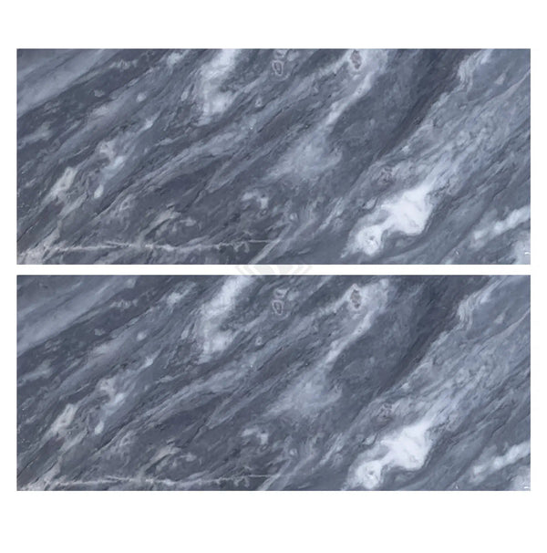 Two rectangular slabs of Bardiglio Nuvolato (Italian) 12X24 Marble Polished-Honed with elegant white veining are shown side by side against a pristine white background. SurfacesGalore offers the finest in gray marble for sophisticated spaces.