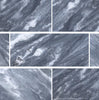 A collage of six close-up images of Bardiglio Nuvolato (Italian) 12X24 Marble Polished-Honed from SurfacesGalore, showcasing elegant gray marble with intricate white veining patterns.