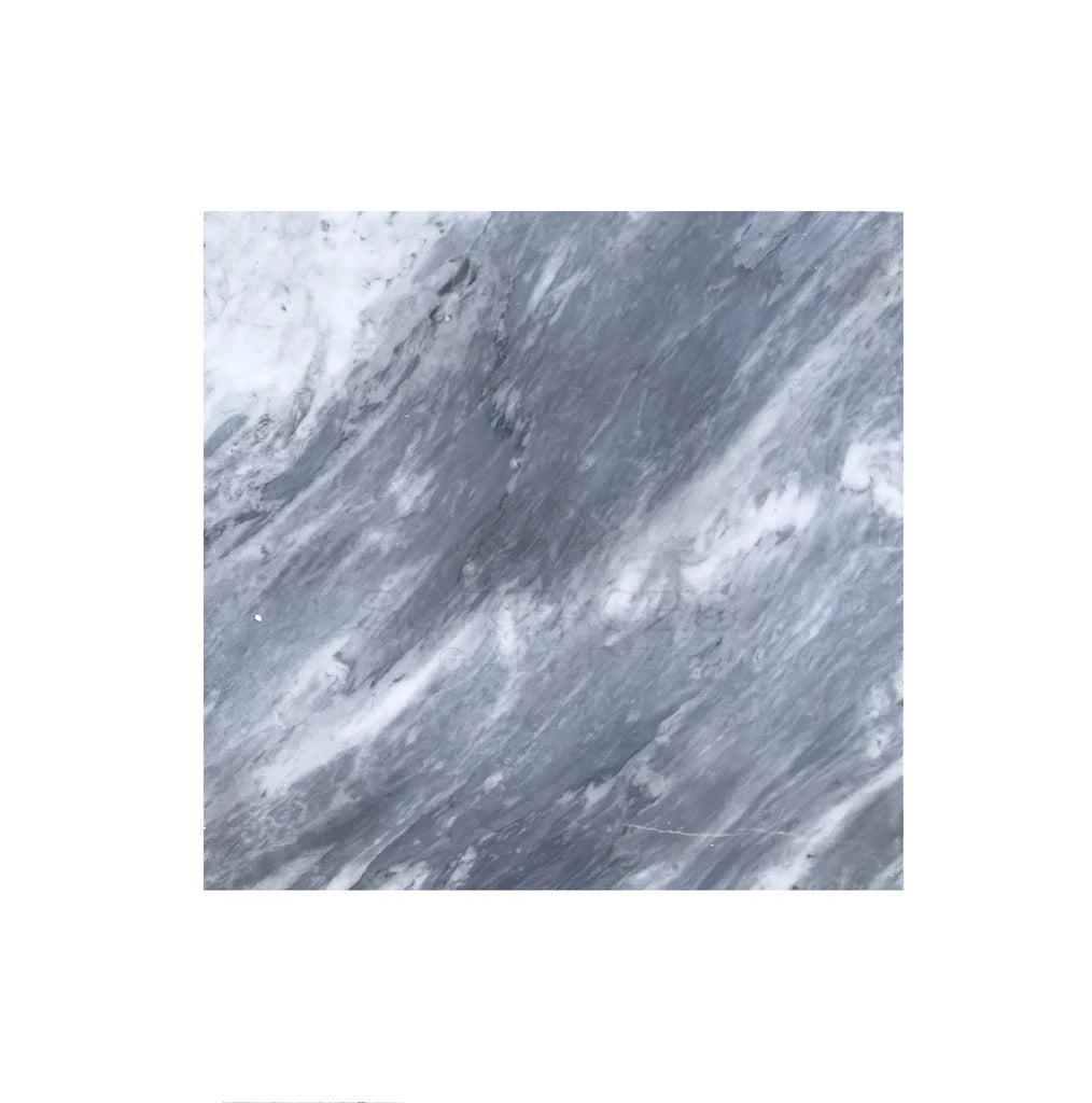 An 18X18 square piece of Bardiglio Nuvolato Marble from SurfacesGalore, showcasing a mix of gray and white swirled patterns with a polished-honed finish, embodying a versatile design.