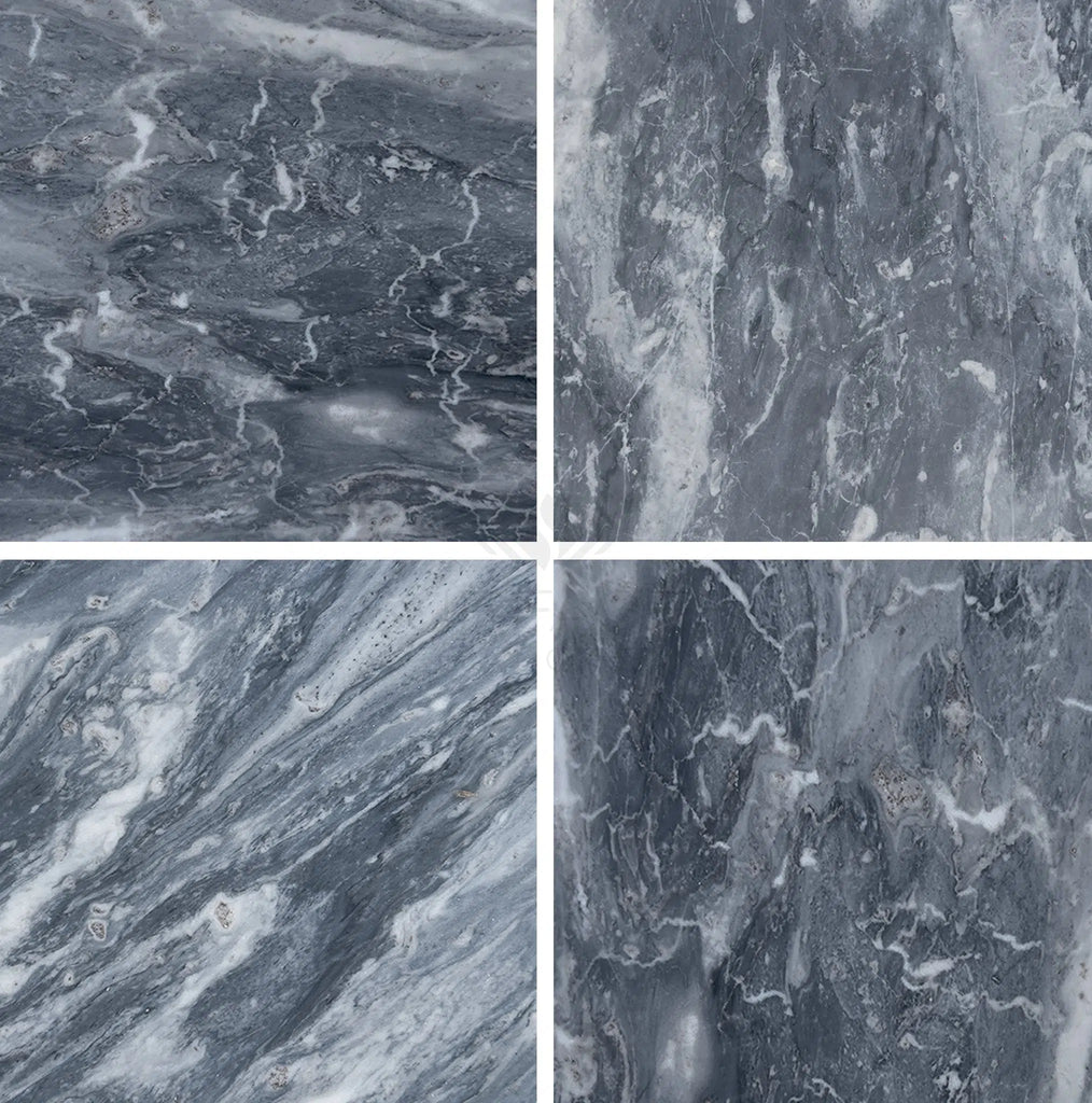 Experience the timeless elegance of SurfacesGalore with four different Bardiglio Nuvolato (Italian) 24X24 Marble Polished-Honed textures. Each gray marble surface, adorned with intricate white veins, is artfully arranged in a grid.