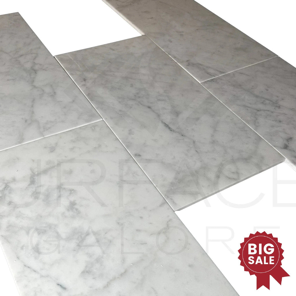 Bianco Carrara 12X24 Polished Marble Tile 260 Sq.Ft. - Discounted, Marble/Travertine Clearance Sale - SurfacesGalore