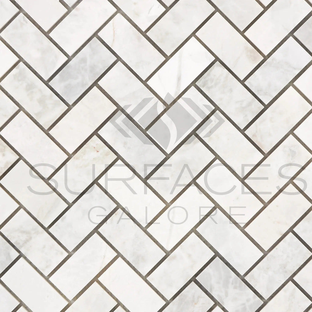 Bianco Congelato 1X2 Herringbone Mosaic Dolomite Leathered - SurfacesGalore