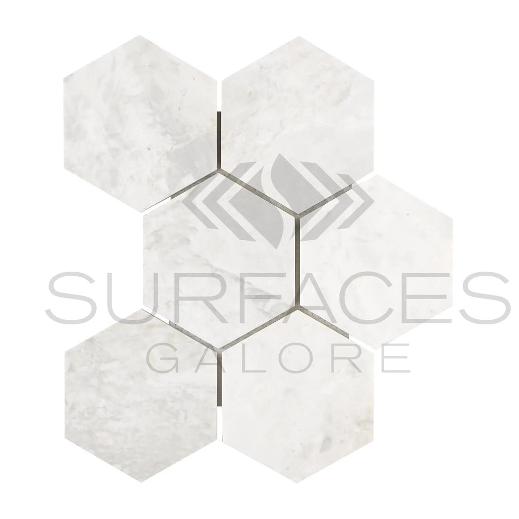 Bianco Congelato 4X4 Hexagon Mosaic Dolomite Leathered - SurfacesGalore