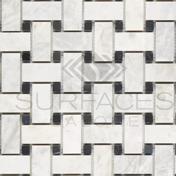 Bianco Congelato Basketweave w/Black Mosaic Dolomite Leathered - SurfacesGalore