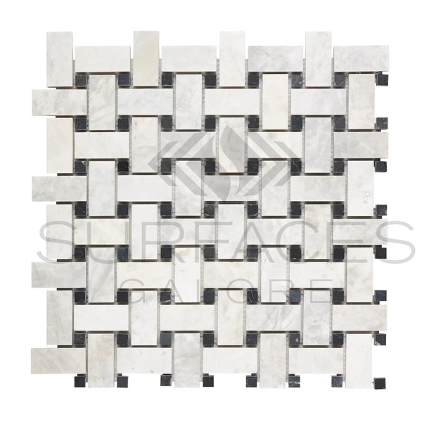 Bianco Congelato Basketweave w/Black Mosaic Dolomite Leathered - SurfacesGalore