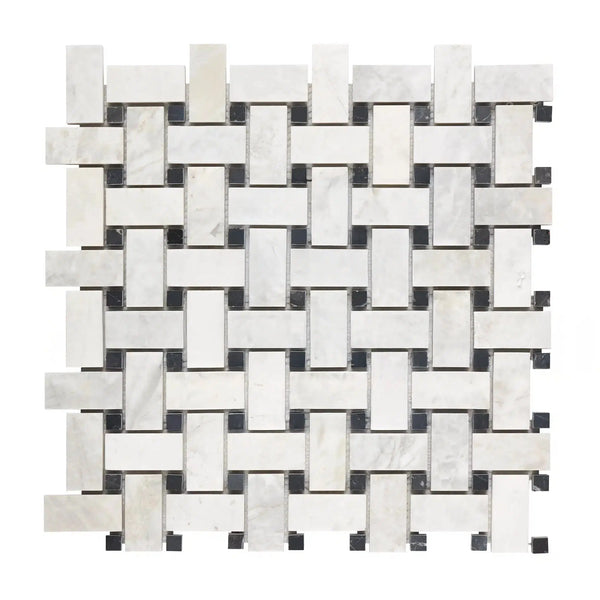 Bianco Congelato Basketweave w/Black Mosaic Dolomite Leathered