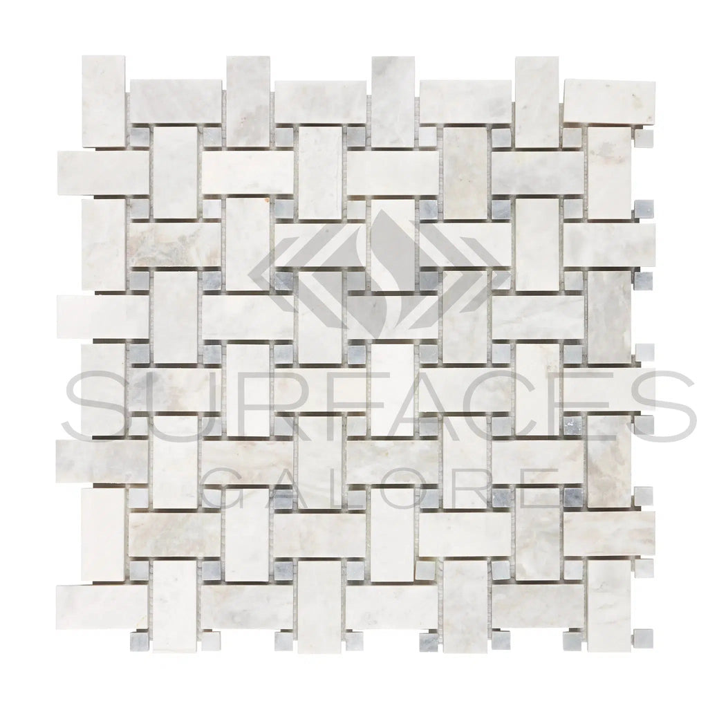 Bianco Congelato Basketweave w/Blue-Gray Mosaic Dolomite Leathered