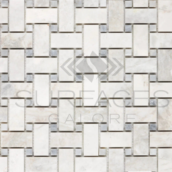 Bianco Congelato Basketweave w/Blue - Gray Mosaic Dolomite Leathered - SurfacesGalore