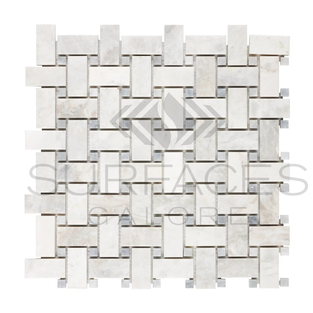 Bianco Congelato Basketweave w/Blue - Gray Mosaic Dolomite Leathered - SurfacesGalore