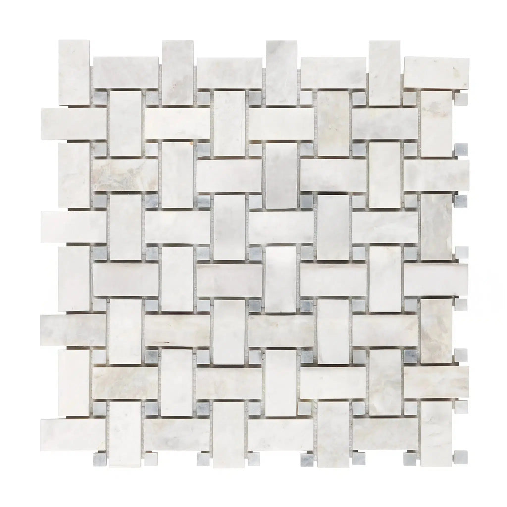 Bianco Congelato Basketweave w/Blue-Gray Mosaic Dolomite Leathered