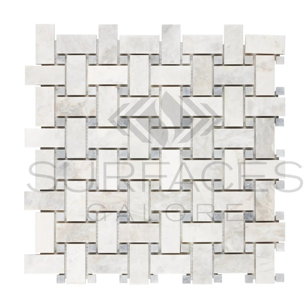 Bianco Congelato Basketweave w/Blue - Gray Mosaic Dolomite Leathered - SurfacesGalore