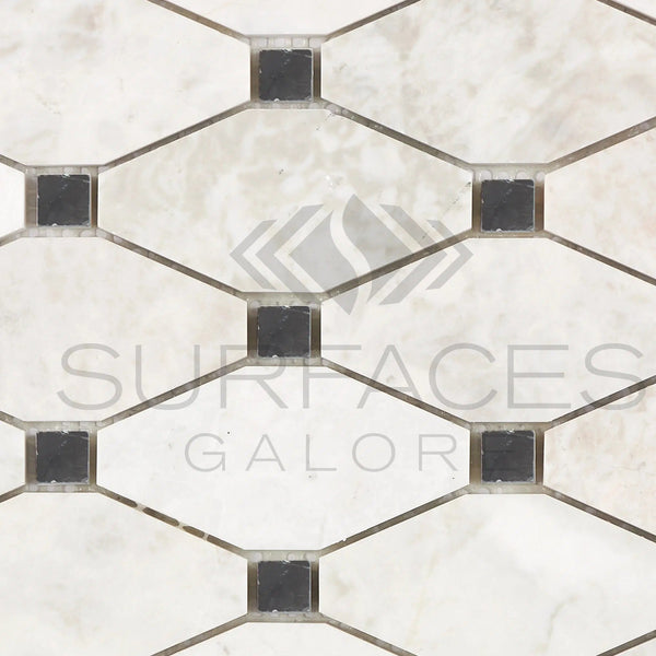 Bianco Congelato Octave (Long Octagon)/Black Mosaic Dolomite Leathered - SurfacesGalore