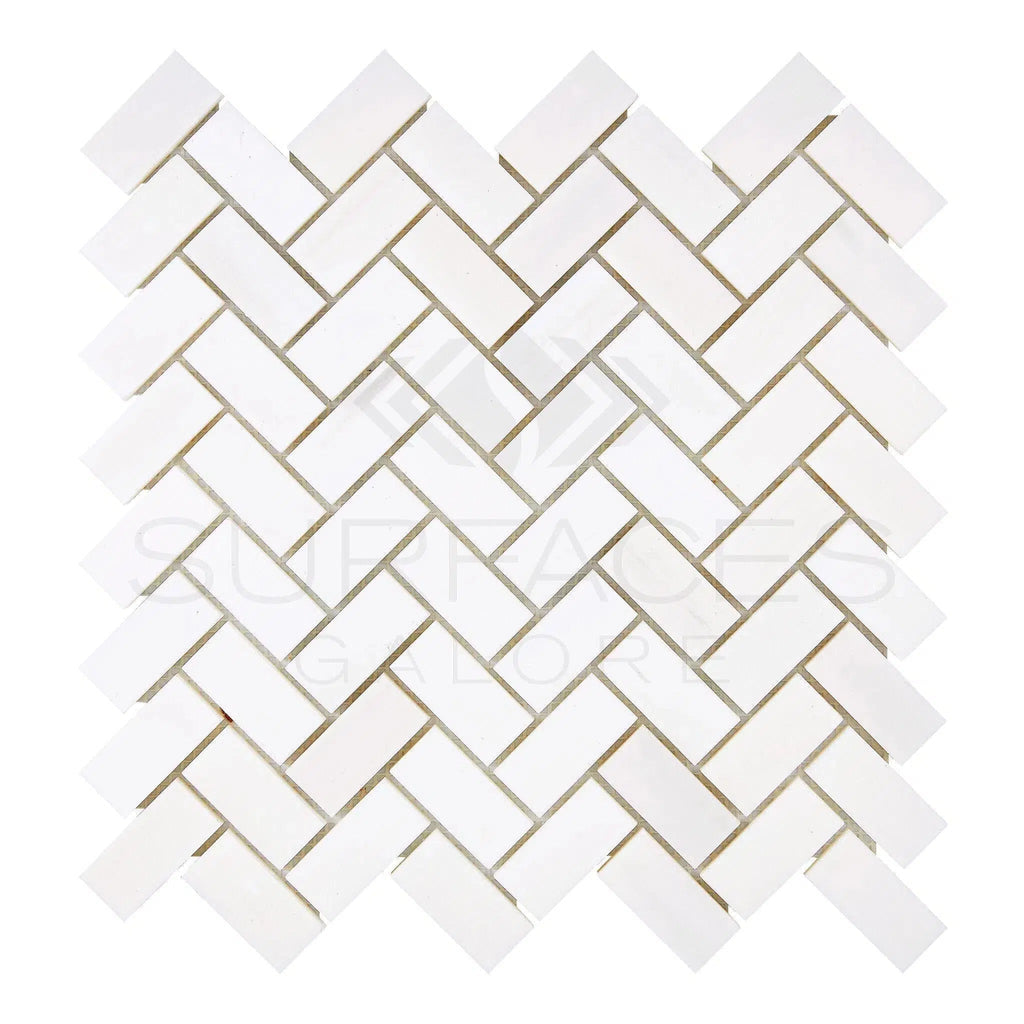 Bianco Dolomite (White Dolomite) 1X2 Herringbone Mosaic Marble Polished-Honed