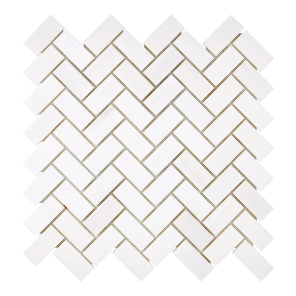 Bianco Dolomite (White Dolomite) 1X2 Herringbone Mosaic Marble Polished-Honed