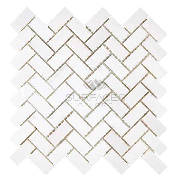 Bianco Dolomite (White Dolomite) 1X2 Herringbone Round - Faced (CNC - Arched / Wavy) Mosaic Marble Honed - SurfacesGalorePolished