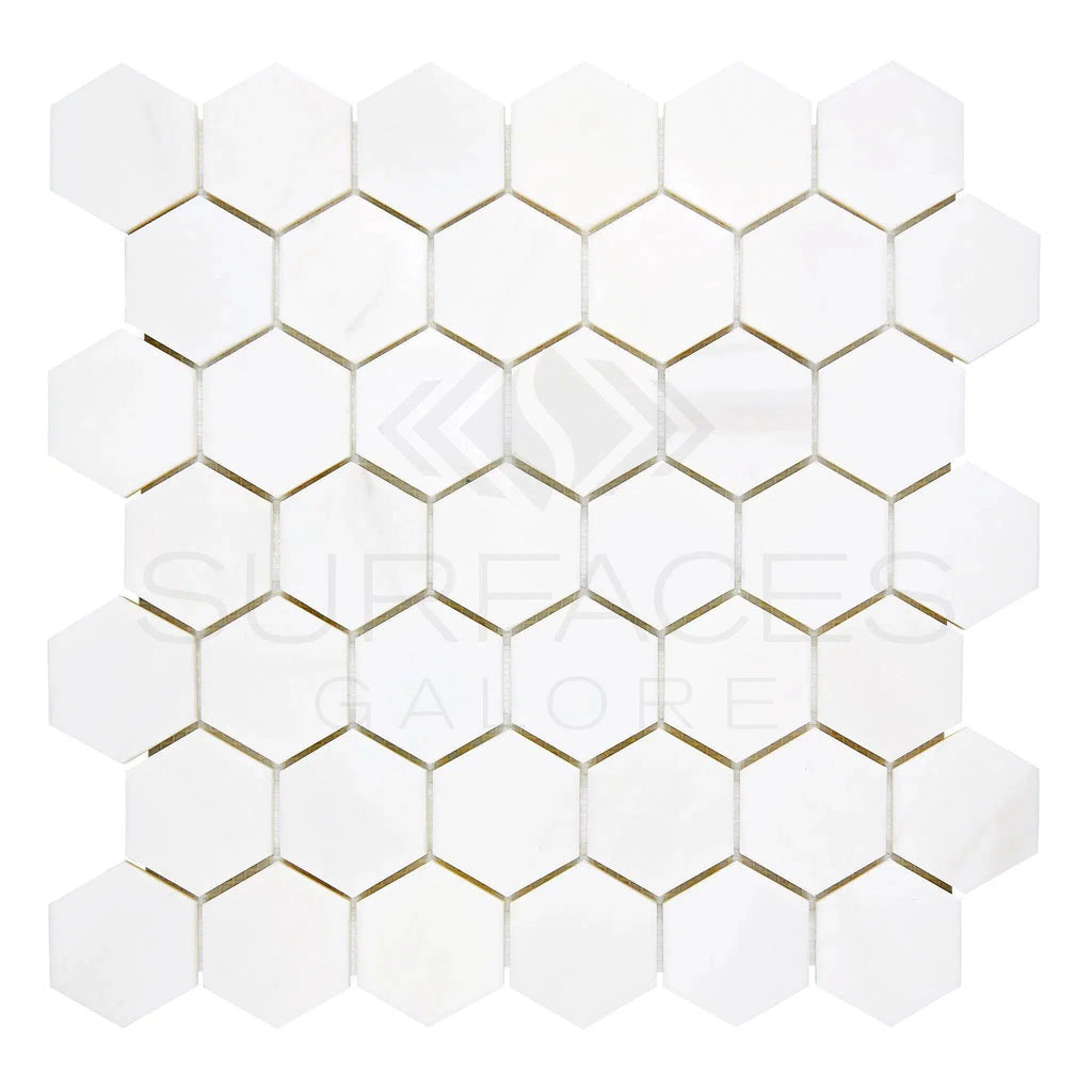 Bianco Dolomite (White Dolomite) 2" Hexagon Mosaic Marble Polished-Honed