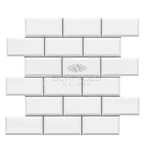 Bianco Dolomite (White Dolomite) 2X4 Brick (Deep - Beveled) Mosaic Marble Polished - Honed - SurfacesGalorePolished