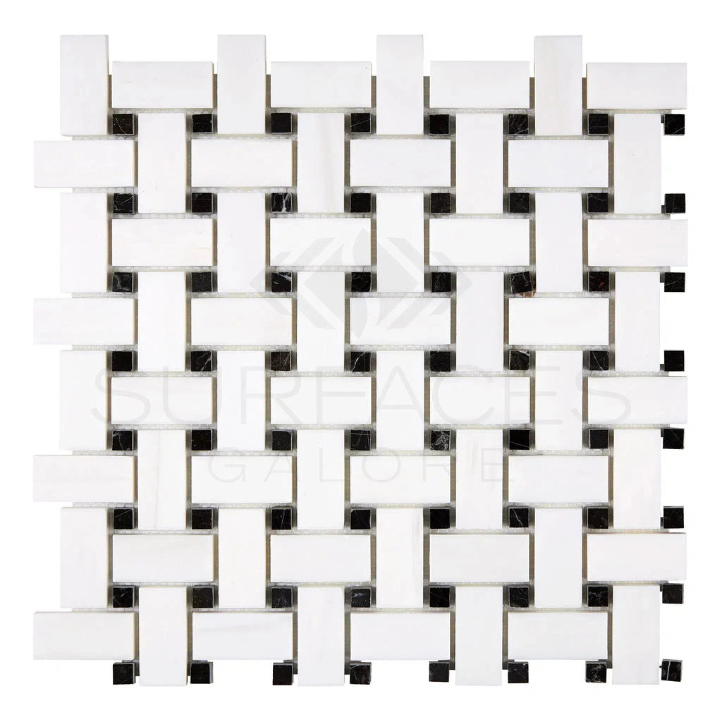 Bianco Dolomite (White Dolomite) Basketweave w/ Black Mosaic Marble Polished-Honed