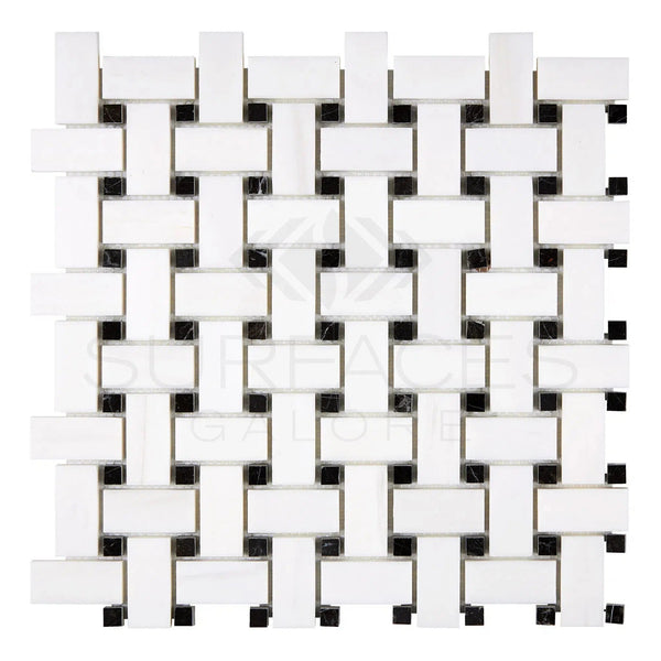 Bianco Dolomite (White Dolomite) Basketweave w/ Black Mosaic Marble Polished - Honed - SurfacesGalorePolished