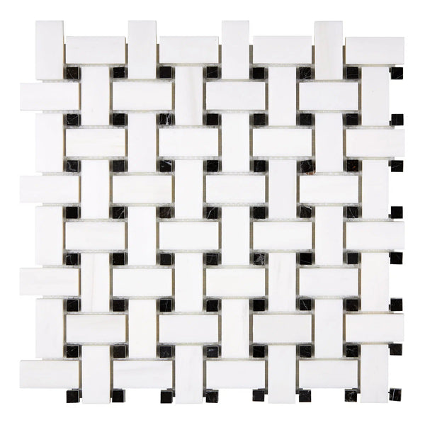 Bianco Dolomite (White Dolomite) Basketweave w/ Black Mosaic Marble Polished-Honed