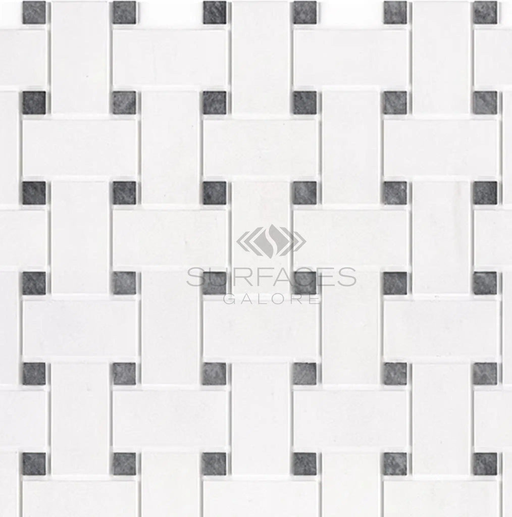 Bianco Dolomite (White Dolomite) Basketweave w/ Blue - Gray Mosaic Marble Polished - Honed - SurfacesGalorePolished